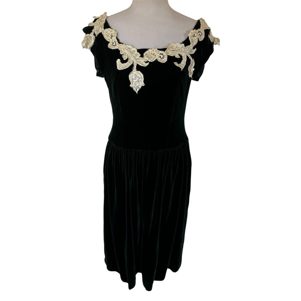 Vtg 90s Eileen West Green Velvet Lace Appliqué Drop Waist Midi Dress Button Back